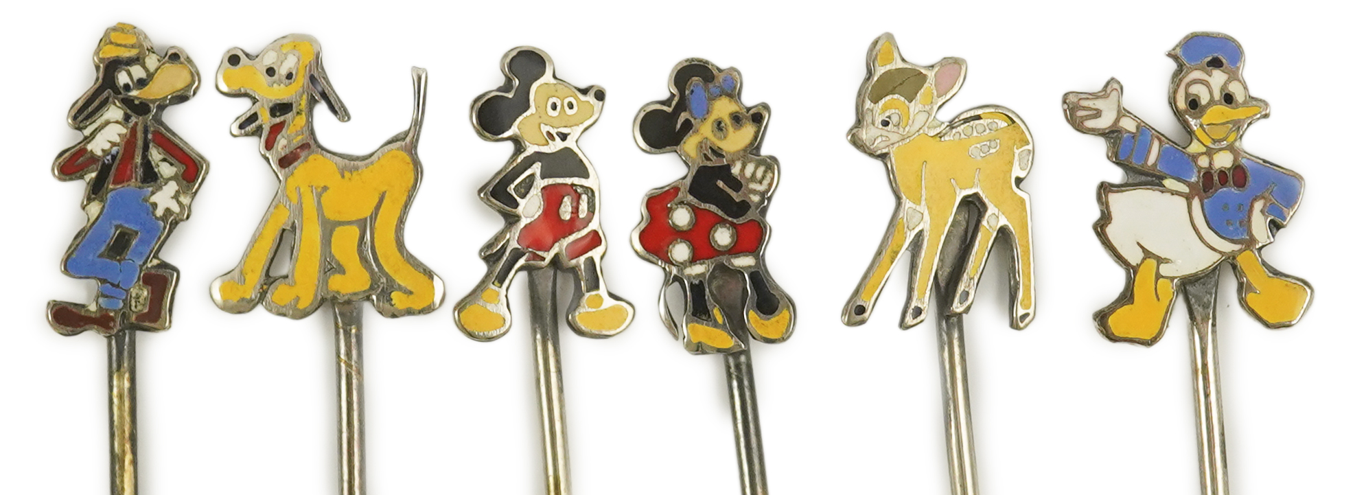 A cased set of six enamelled sterling Disney Character cocktail sticks